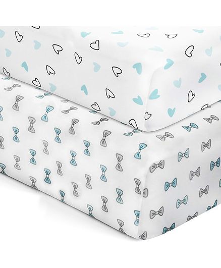 The White Cradle Pure Organic Cotton Printed Crib Sheet Pack of 2 - White Blue