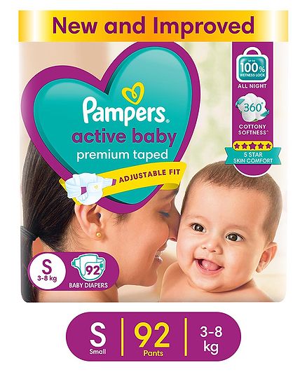 Pampers Active Baby Taped Diapers, Small size diapers, (SM) 92 count, taped style custom fit