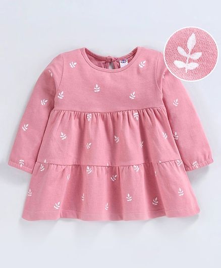 Zero Full Sleeves Frock Leaf Print - Pink