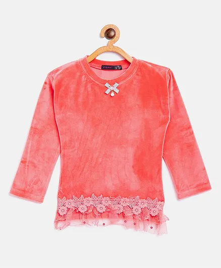 Ziama Full Sleeves Floral Embroidered Lace Hem Top - Peach