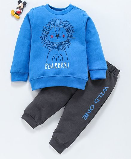 Zero Full Sleeves Tee with Lounge Pant Lion Print - Royal Blue