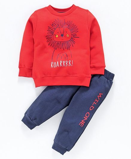 Zero Full Sleeves Tee with Lounge Pant Lion Print - Red Navy
