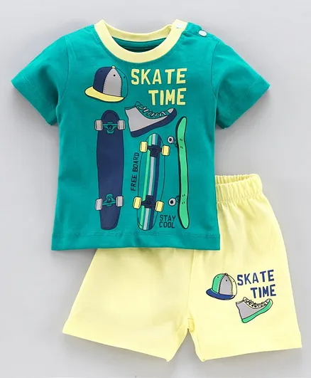 Ohms Half Sleeves Tee & Shorts Text Print - Green Yellow