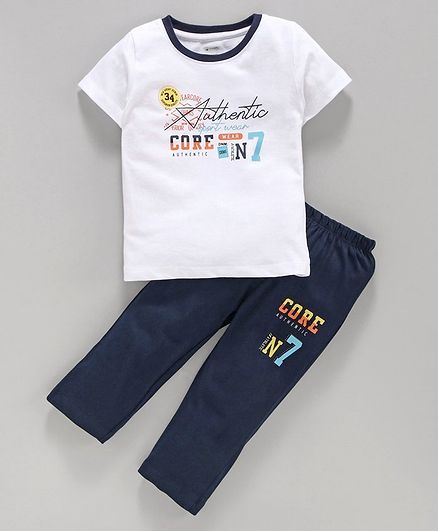Ohms Half Sleeves Tee and Lounge Pant Text Print - White Navy Blue