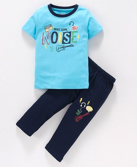 Ohms Half Sleeves Tee and Lounge Pant Text Print - Sky & Navy Blue