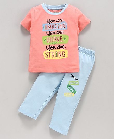 Ohms Half Sleeves Tee and Lounge Pant Text Print - Orange Blue