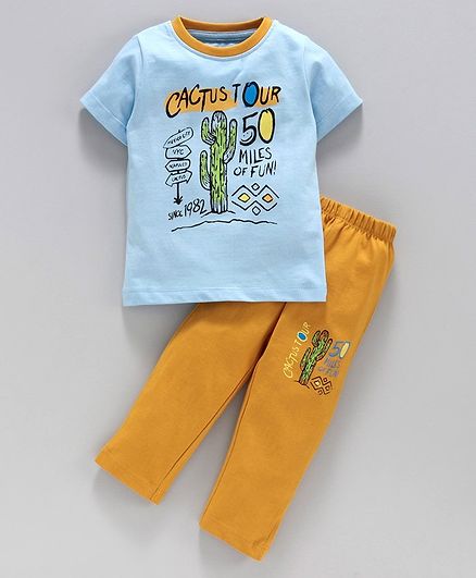 Ohms Half Sleeves Tee and Lounge Pant Text Print - Blue Orange