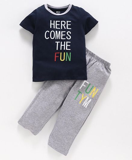 Ohms Half Sleeves Tee and Lounge Pant Text Print - Navy Blue Grey