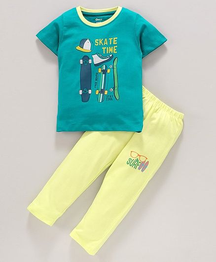 Ohms Half Sleeves Tee and Lounge Pant Text Print - Blue Yellow