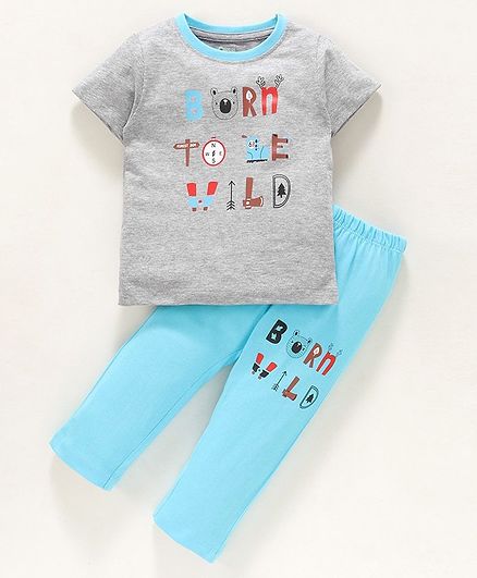 Ohms Half Sleeves Tee and Lounge Pant Text Print - Grey Sky Blue