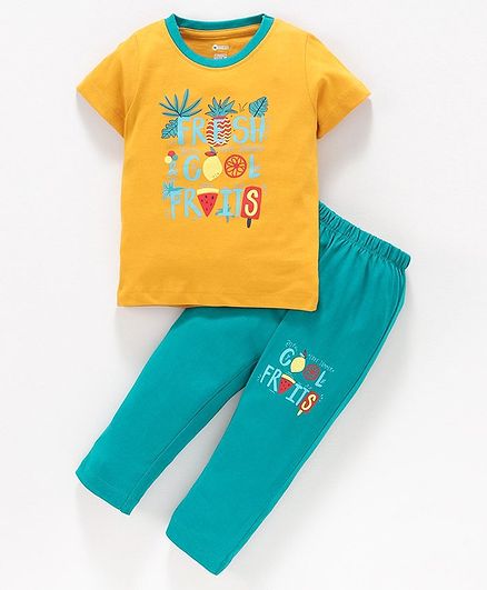 Ohms Half Sleeves Tee and Lounge Pant Text Print - Orange Blue