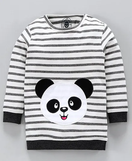 Jus Cubs Full Sleeves Panda Patch Detailed Striped Sweatshirt - Black & White
