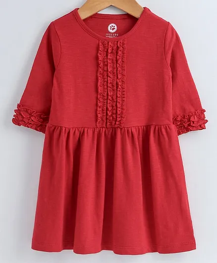 Jus Cubs Full Sleeves Ruffle Detail Dress - Red