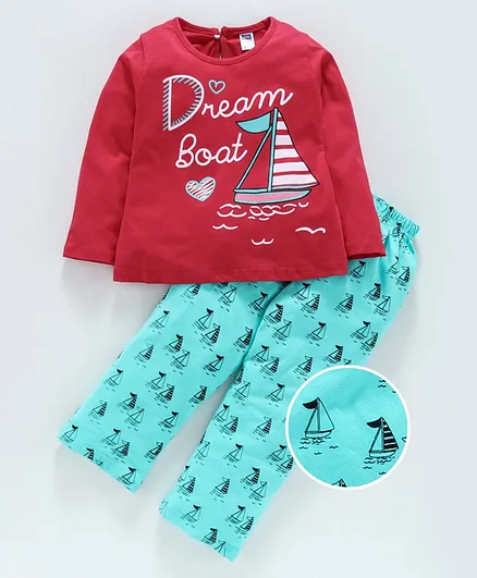 Nottie Planet Full Sleeves Dream Boat Print Night Suit - Red Blue