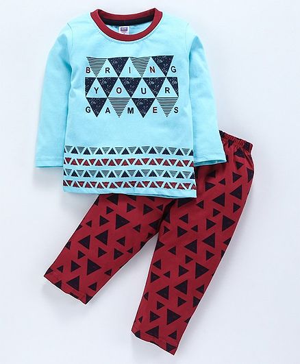 Nottie Planet Full Sleeves Alphabet Print Tee With Lounge Pants - Blue Maroon
