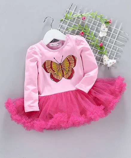 Mark & Mia Full Sleeves Frock Style Onesie Butterfly Print - Pink