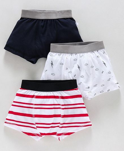 Babyoye Solid & Printed Cotton Trunks Pack of 3 - Navy & Red
