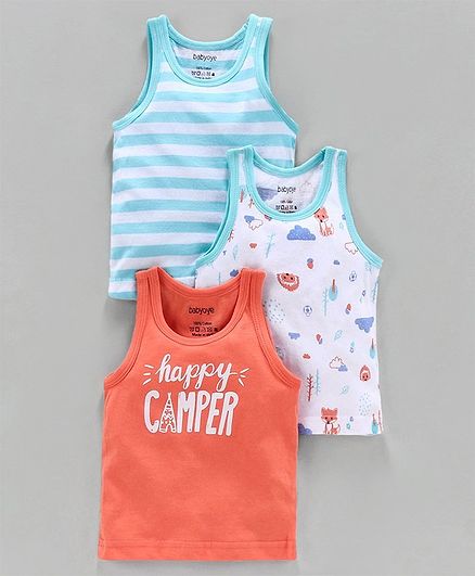 Babyoye 100% Cotton Sleeveless Vests Printed & Striped Pack of 3 - Orange White Blue