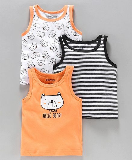 Babyoye Sleeveless Cotton Vests Striped & Printed Pack of 3 - Black White Orange