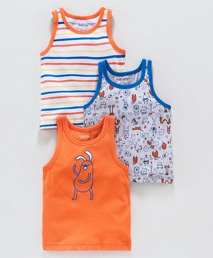 Babyoye Sleeveless Striped & Printed Vest Pack of 3 - Orange Blue White