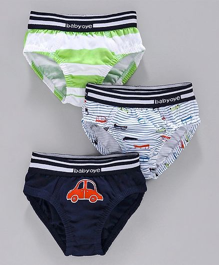 Babyoye Cotton Briefs Striped & Printed Pack of 3 - Green Grey Navy Blue