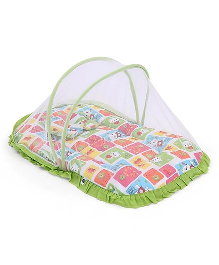 Mee Mee Baby Mattress Set With Mosquito Net And Pillow Multi Print - Green