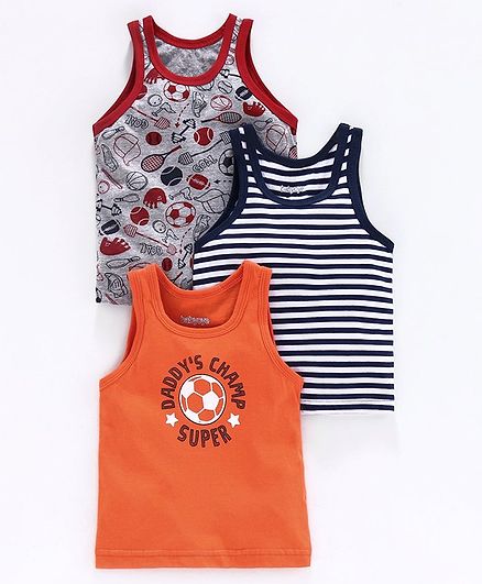 Babyoye Sleeveless Vests Striped & Printed Pack of 3 - Grey Black Orange
