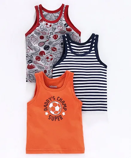 Babyoye Sleeveless Vests Striped & Printed Pack of 3 - Grey Black Orange