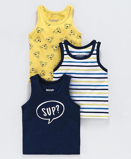 Babyoye Sleeveless Printed & Striped Vest Pack of 3 - Yellow Navy Blue