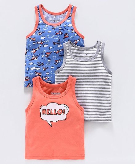 Babyoye Sleeveless Vests Striped & Printed Pack of 3 - Blue Grey Peach