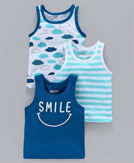 Babyoye Sleeveless Cotton Vests Striped & Printed Pack of 3 - Blue