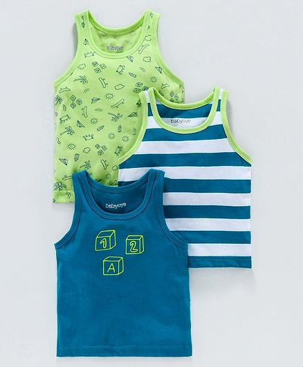 Babyoye Sleeveless Printed & Striped Vest Pack of 3 - Green Blue