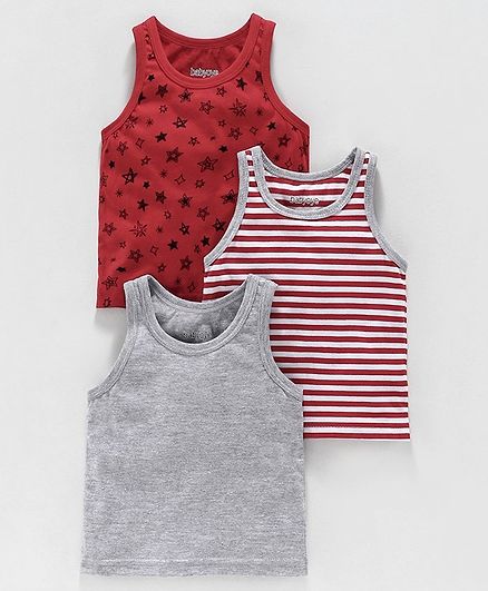 Babyoye Sleeveless Cotton Mixed Vests Solid Color Striped & Printed Pack of 3 - Grey Maroon
