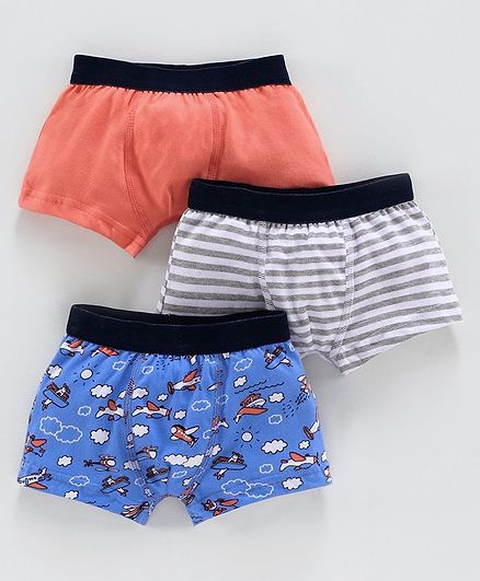 Babyoye Cotton Trunks Solid Color Striped & Printed Pack of 3 - Coral Blue