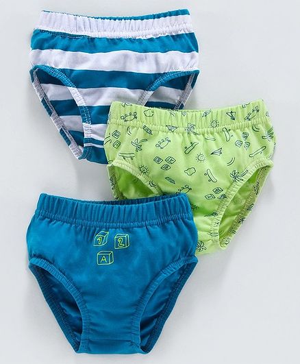 Babyoye Cotton Briefs Striped & Printed Pack of 3 - Blue Green