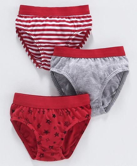 Babyoye Cotton Briefs Striped & Printed Pack of 3 - Red Grey