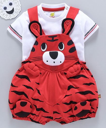 Wow Dungaree With Half Sleeves T-Shirt Kitty Face 3D Design - Red