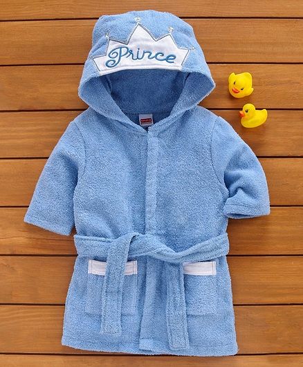 Babyhug Hooded Bathrobe Prince Embroidery - Blue