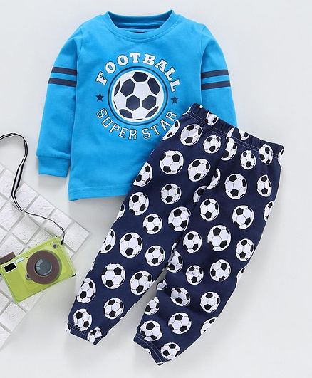 Babyhug Full Sleeves Tee & Lounge Pant Football Print - Blue Navy