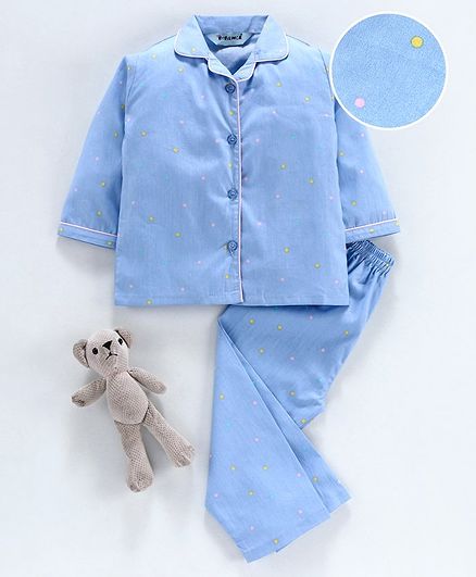 Enfance Core Polka Dot Printed Full Sleeves Night Suit - Light Blue