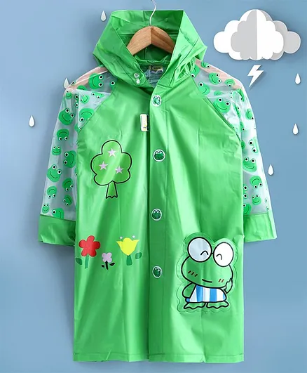 Kookie Kids Full Sleeves Hooded Raincoat with Attached Pouch Frog Print - Green