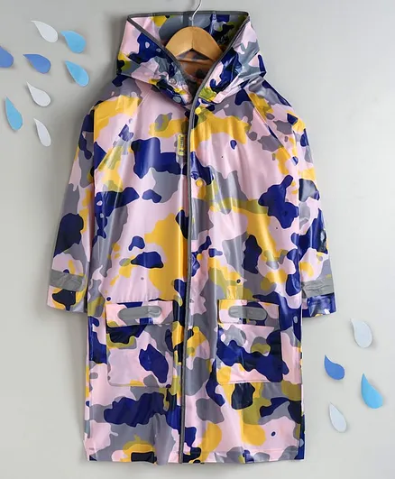 Kookie Kids Full Sleeves Hooded Camouflage Raincoat with Attached Pouch - Blue