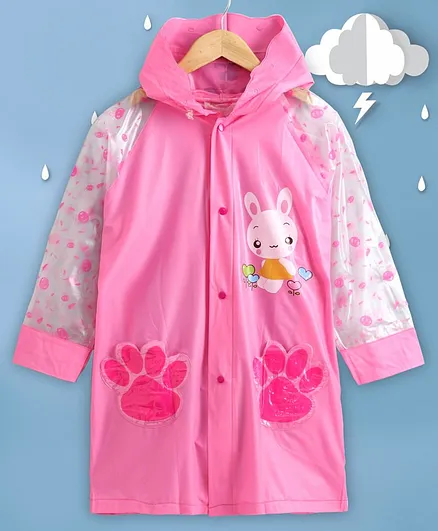 Kookie Kids Full Sleeves Raincoat with Attached Pouch Bunny Print - Pink