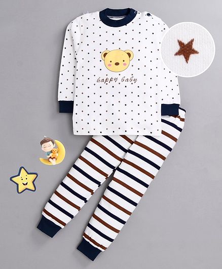 Kookie Kids Full Sleeves Night Suit Bear & Star Print - White