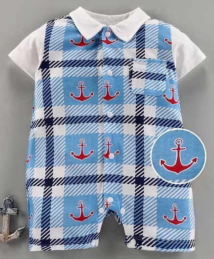 Kookie Kids Half Sleeves Romper Anchor Print - Blue