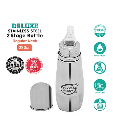 Buddsbuddy Deluxe Stainless Steel Regular Neck Baby Feeding Bottle with Extra Sipper Spout - 220ml