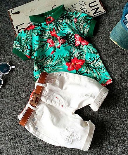 Kookie Kids Half Sleeves Tee with Shorts & Belt Floral Print - Green White