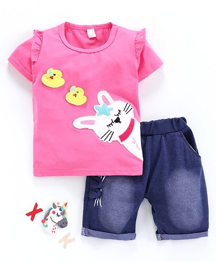 Kookie Kids Short Sleeves Top with Shorts Animal Patch - Pink Blue