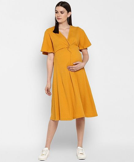Momsoon Solid Half Sleeves Maternity Dress - Yellow