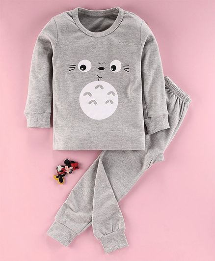 Kookie Kids Full Sleeves Night Suit Animal Print - Grey